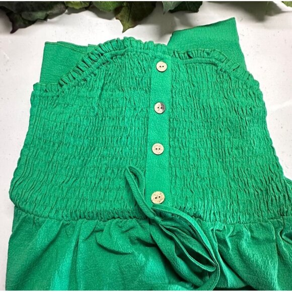 Strapless Green Smocked Maxi Dress With Lace Floral Detail & Wooden Buttons - Picture 4 of 6